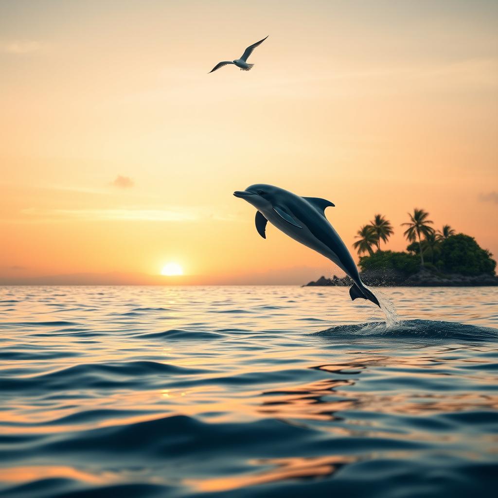 A dolphin leaping gracefully into the evening air, showcasing its joyful motion against a backdrop of a tranquil sea