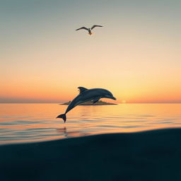 A dolphin leaping gracefully into the evening air, showcasing its joyful motion against a backdrop of a tranquil sea