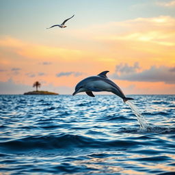 A dolphin leaping gracefully into the evening air, showcasing its joyful motion against a backdrop of a tranquil sea