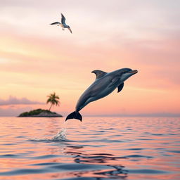 A dolphin leaping gracefully into the evening air, showcasing its joyful motion against a backdrop of a tranquil sea