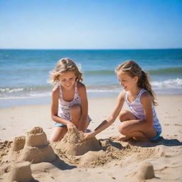 A 10-year-old girl having fun on a sunny beach, she's building a sandcastle near the gentle sea waves, with a vivid blue sky overhead.