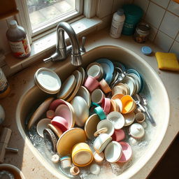 A detailed view of a kitchen sink filled with a heap of dirty dishes, including plates, cups, and utensils, nestled in soapy water