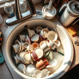 A detailed view of a kitchen sink filled with a heap of dirty dishes, including plates, cups, and utensils, nestled in soapy water