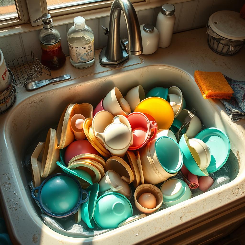 A detailed view of a kitchen sink filled with a heap of dirty dishes, including plates, cups, and utensils, nestled in soapy water