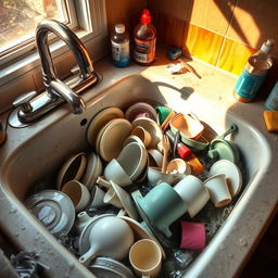 A detailed view of a kitchen sink filled with a heap of dirty dishes, including plates, cups, and utensils, nestled in soapy water