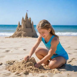 A 10-year-old girl having fun on a sunny beach, she's building a sandcastle near the gentle sea waves, with a vivid blue sky overhead.