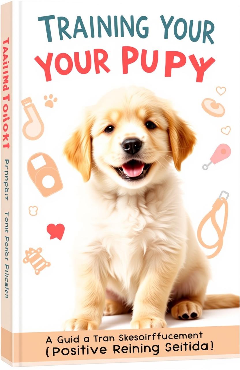 A visually engaging cover of a book titled 'Training Your Puppy: A Guide to Positive Reinforcement'