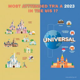 An infographic design showcasing the most attended parks in the world for 2023, split into two sides: one side dedicated to Disney Parks and the other to Universal Studios