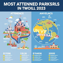 An infographic design showcasing the most attended parks in the world for 2023, split into two sides: one side dedicated to Disney Parks and the other to Universal Studios