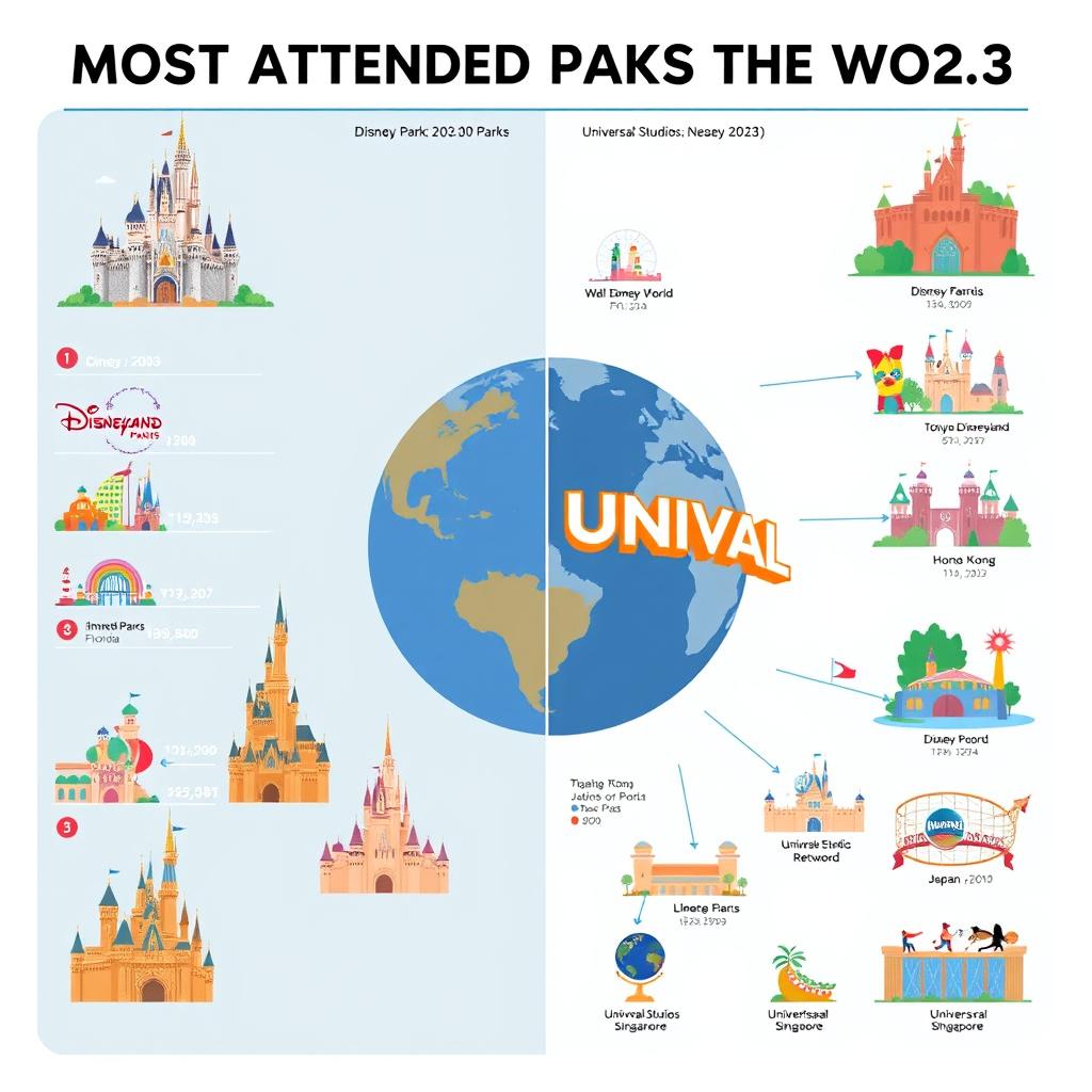 An infographic design showcasing the most attended parks in the world for 2023, split into two sides: one side dedicated to Disney Parks and the other to Universal Studios