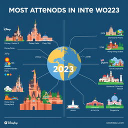 An infographic design showcasing the most attended parks in the world for 2023, split into two sides: one side dedicated to Disney Parks and the other to Universal Studios