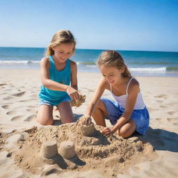 A 10-year-old girl having fun on a sunny beach, she's building a sandcastle near the gentle sea waves, with a vivid blue sky overhead.