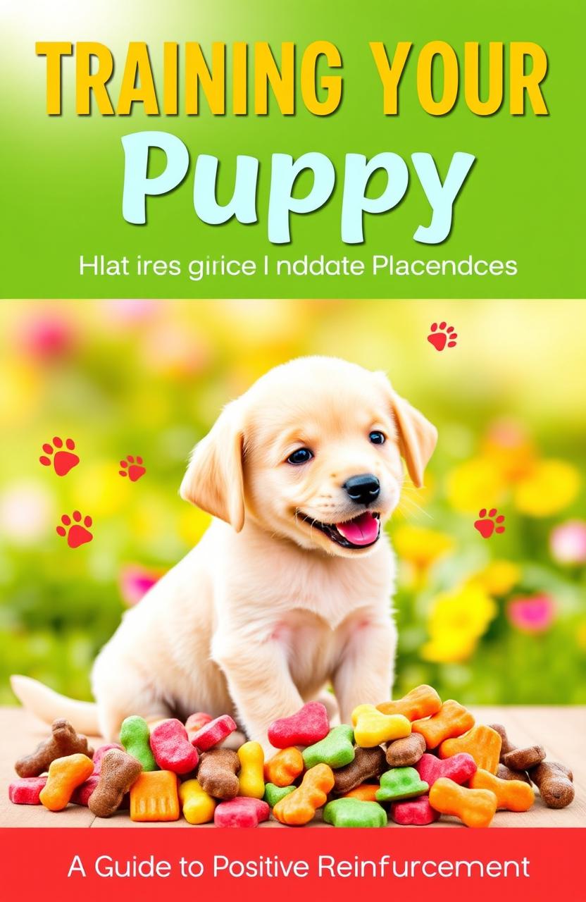 A vibrant and engaging cover for a puppy training guide titled 'Training Your Puppy: A Guide to Positive Reinforcement'