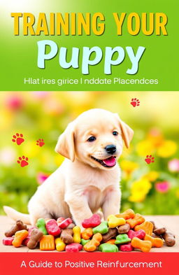 A vibrant and engaging cover for a puppy training guide titled 'Training Your Puppy: A Guide to Positive Reinforcement'