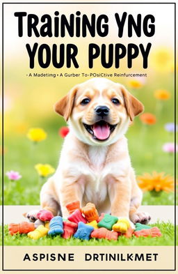 A vibrant and engaging cover for a puppy training guide titled 'Training Your Puppy: A Guide to Positive Reinforcement'