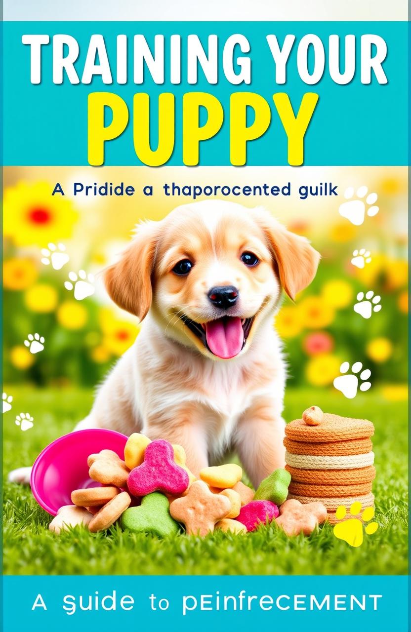 A vibrant and engaging cover for a puppy training guide titled 'Training Your Puppy: A Guide to Positive Reinforcement'