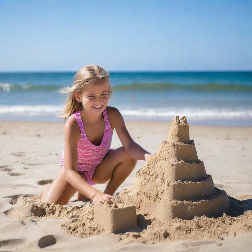 A 10-year-old girl having fun on a sunny beach, she's building a sandcastle near the gentle sea waves, with a vivid blue sky overhead.