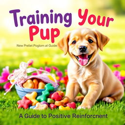 A vibrant and engaging cover for a puppy training guide titled 'Training Your Puppy: A Guide to Positive Reinforcement'