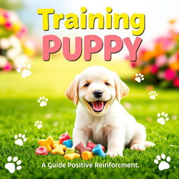 A vibrant and engaging cover for a puppy training guide titled 'Training Your Puppy: A Guide to Positive Reinforcement'