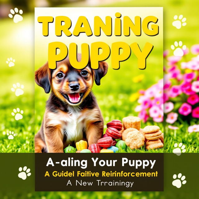 A vibrant and engaging cover for a puppy training guide titled 'Training Your Puppy: A Guide to Positive Reinforcement'