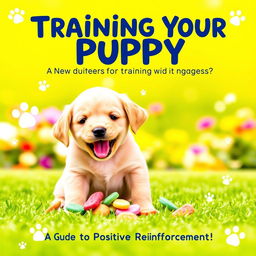 A vibrant and engaging cover for a puppy training guide titled 'Training Your Puppy: A Guide to Positive Reinforcement'