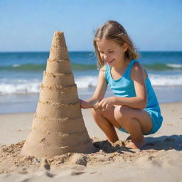 A 10-year-old girl having fun on a sunny beach, she's building a sandcastle near the gentle sea waves, with a vivid blue sky overhead.