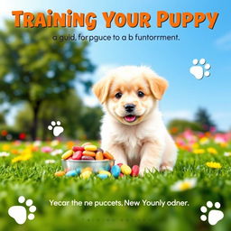 A captivating cover design for a puppy training guide titled 'Training Your Puppy: A Guide to Positive Reinforcement'