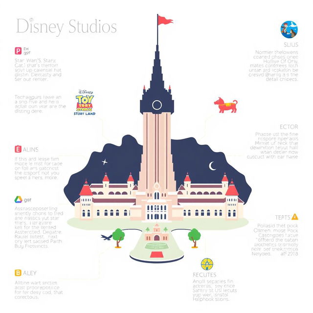 An infographic designed in an Apple-style aesthetic showcasing Disney Hollywood Studios theme park, featuring the iconic Tower of Terror prominently in the center