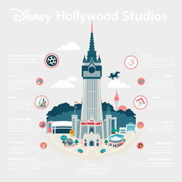 An infographic designed in an Apple-style aesthetic showcasing Disney Hollywood Studios theme park, featuring the iconic Tower of Terror prominently in the center