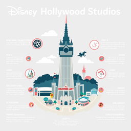 An infographic designed in an Apple-style aesthetic showcasing Disney Hollywood Studios theme park, featuring the iconic Tower of Terror prominently in the center