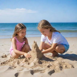 A 10-year-old girl having fun on a sunny beach, she's building a sandcastle near the gentle sea waves, with a vivid blue sky overhead.