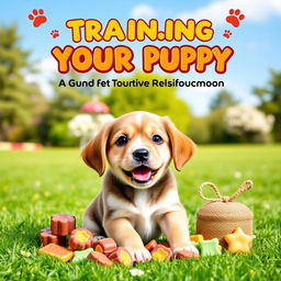 A delightful cover design for a puppy training guide titled 'Training Your Puppy: A Guide to Positive Reinforcement'