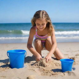 A 10-year-old girl having fun on a sunny beach, she's building a sandcastle near the gentle sea waves, with a vivid blue sky overhead.