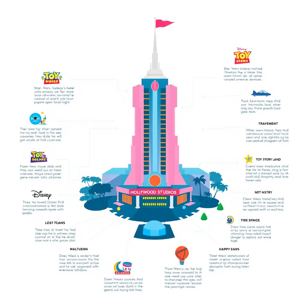 An infographic designed in an Apple-style aesthetic showcasing Disney Hollywood Studios theme park, featuring the Hollywood Tower Hotel prominently in the center