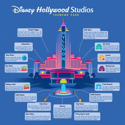 An infographic designed in an Apple-style aesthetic showcasing Disney Hollywood Studios theme park, featuring the Hollywood Tower Hotel prominently in the center