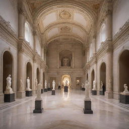 A grand museum with high ceilings, adorned with classic and modern artwork, marble statues, and intricate architectural details. Visitors are exploring exhibits under soft, ambient lighting.