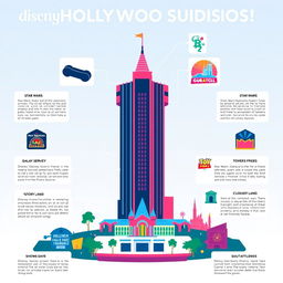 An infographic designed in an Apple-style aesthetic showcasing Disney Hollywood Studios theme park, featuring the Hollywood Tower Hotel prominently in the center