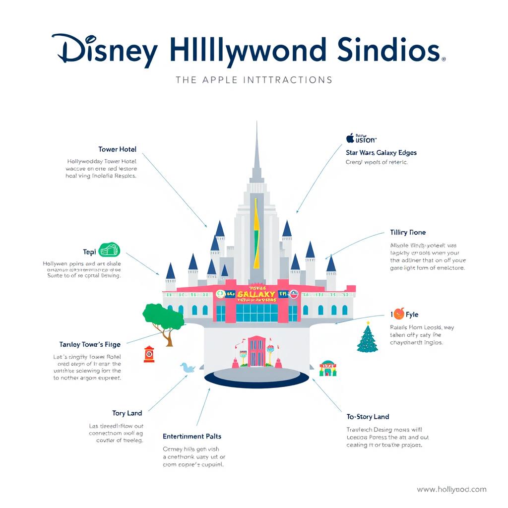 An infographic designed in an Apple-style aesthetic showcasing Disney Hollywood Studios theme park, highlighting its key attractions such as the Hollywood Tower Hotel, Star Wars: Galaxy's Edge, Toy Story Land, and the Twilight Zone Tower of Terror