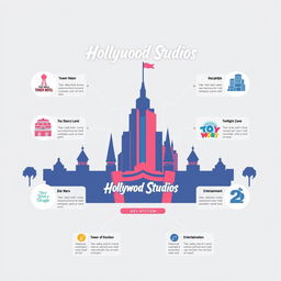 An infographic designed in an Apple-style aesthetic showcasing Disney Hollywood Studios theme park, highlighting its key attractions such as the Hollywood Tower Hotel, Star Wars: Galaxy's Edge, Toy Story Land, and the Twilight Zone Tower of Terror