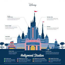 An infographic designed in an Apple-style aesthetic showcasing Disney Hollywood Studios theme park, highlighting its key attractions such as the Hollywood Tower Hotel, Star Wars: Galaxy's Edge, Toy Story Land, and the Twilight Zone Tower of Terror