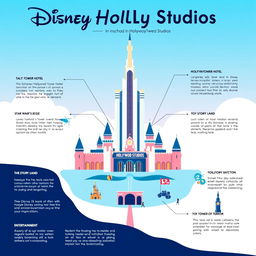 An infographic designed in an Apple-style aesthetic showcasing Disney Hollywood Studios theme park, highlighting its key attractions such as the Hollywood Tower Hotel, Star Wars: Galaxy's Edge, Toy Story Land, and the Twilight Zone Tower of Terror