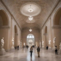 A grand museum with high ceilings, adorned with classic and modern artwork, marble statues, and intricate architectural details. Visitors are exploring exhibits under soft, ambient lighting.