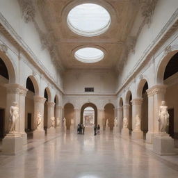 A grand museum with high ceilings, adorned with classic and modern artwork, marble statues, and intricate architectural details. Visitors are exploring exhibits under soft, ambient lighting.