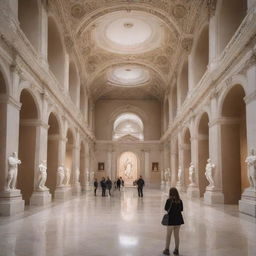 A grand museum with high ceilings, adorned with classic and modern artwork, marble statues, and intricate architectural details. Visitors are exploring exhibits under soft, ambient lighting.