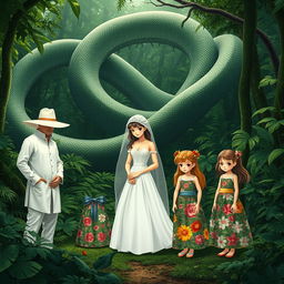 In a dense forest setting, a giant snake weaves through the lush greenery