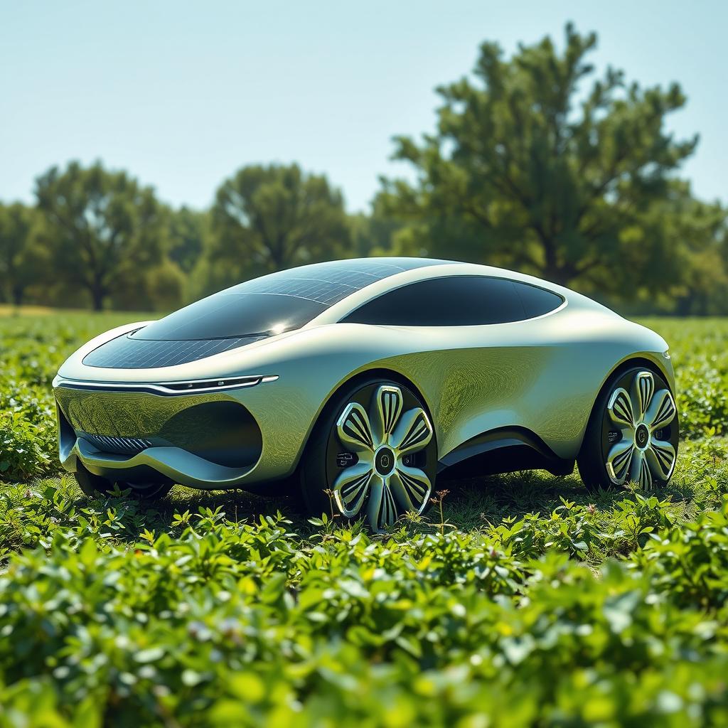 A futuristic ecological car with a bionic design, showcasing smooth, organic lines that mimic the shapes found in nature