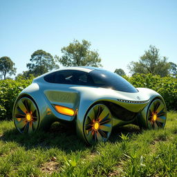 A futuristic ecological car with a bionic design, showcasing smooth, organic lines that mimic the shapes found in nature