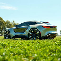 A futuristic ecological car with a bionic design, showcasing smooth, organic lines that mimic the shapes found in nature