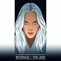 A minimalist movie poster titled 'Revenge of the Jedi', featuring a beautiful 40-year-old Jedi character