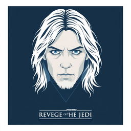 A minimalist movie poster titled 'Revenge of the Jedi', featuring a beautiful 40-year-old Jedi character